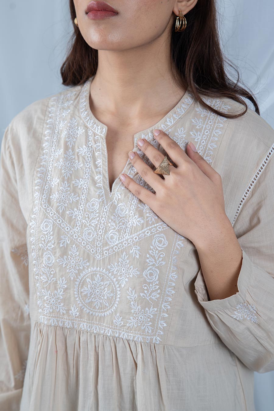 Beige Cotton Embroidered Gathered Top