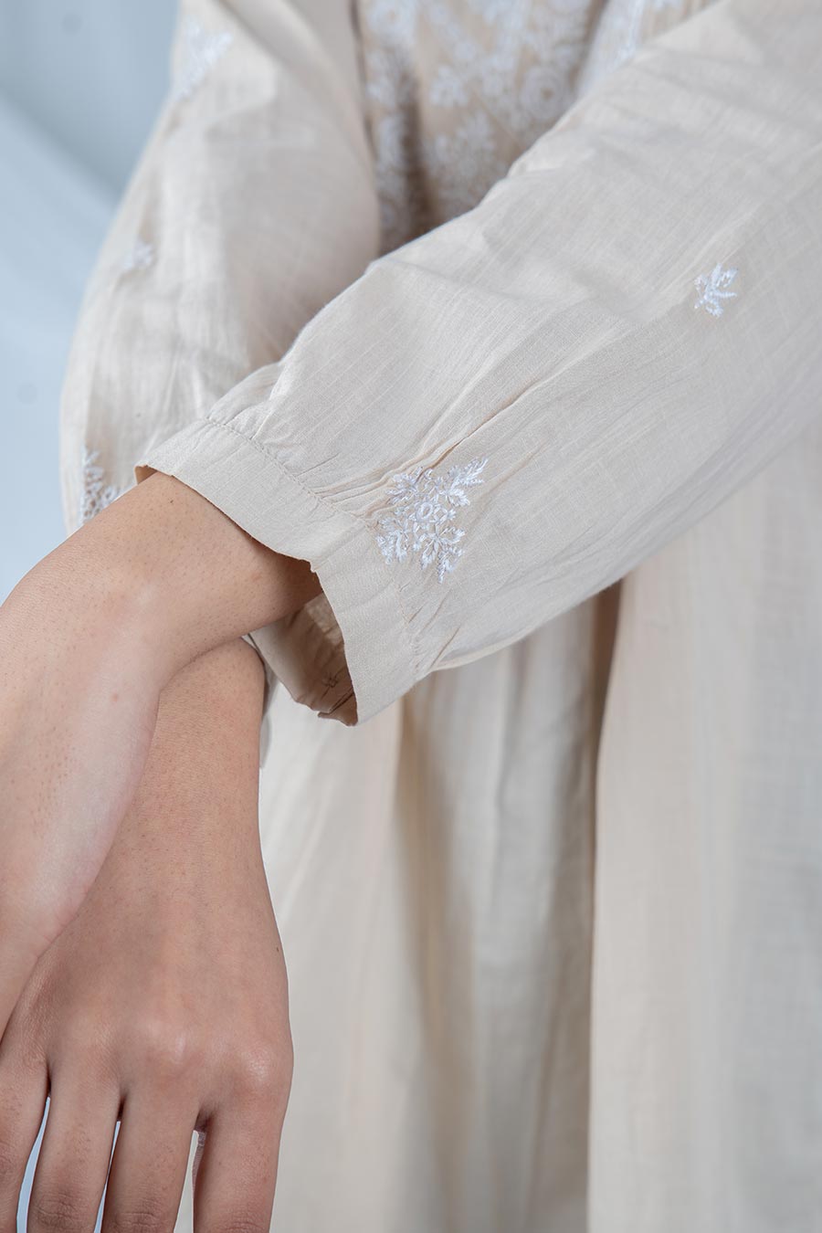 Beige Cotton Embroidered Gathered Top