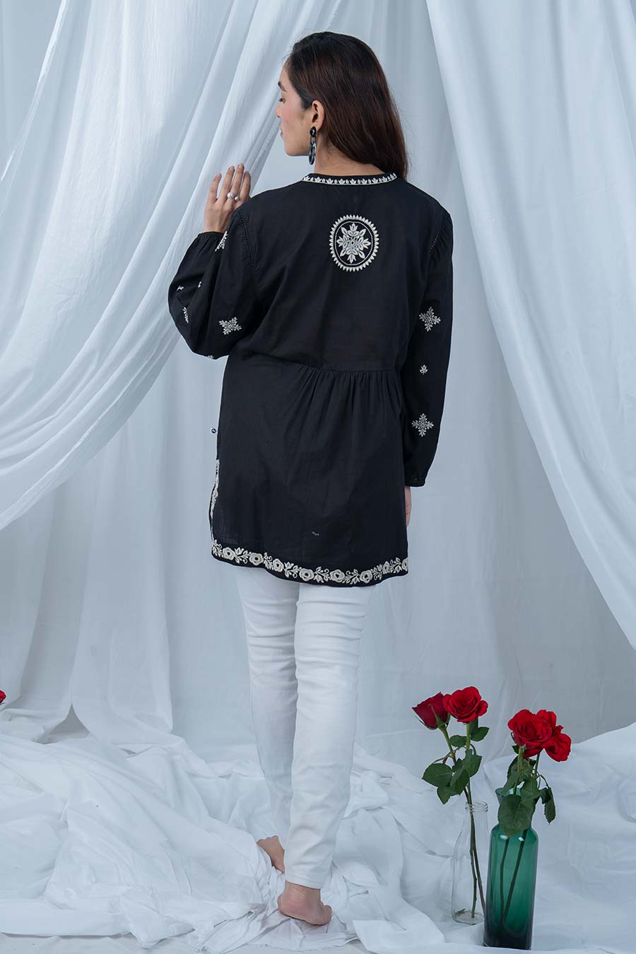 Black Cotton Embroidered Gathered Top