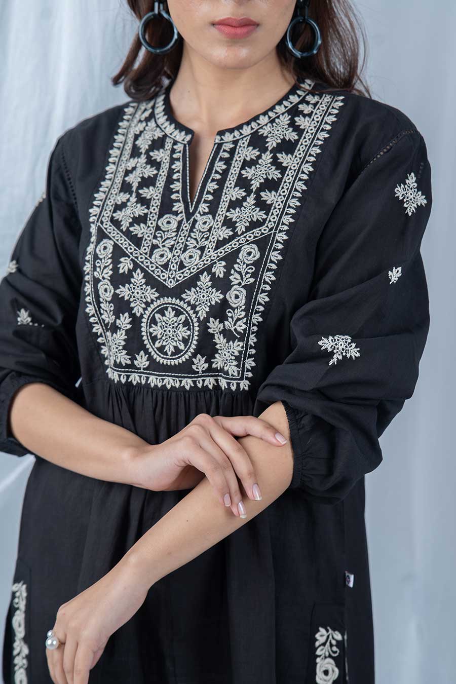 Black Cotton Embroidered Gathered Top