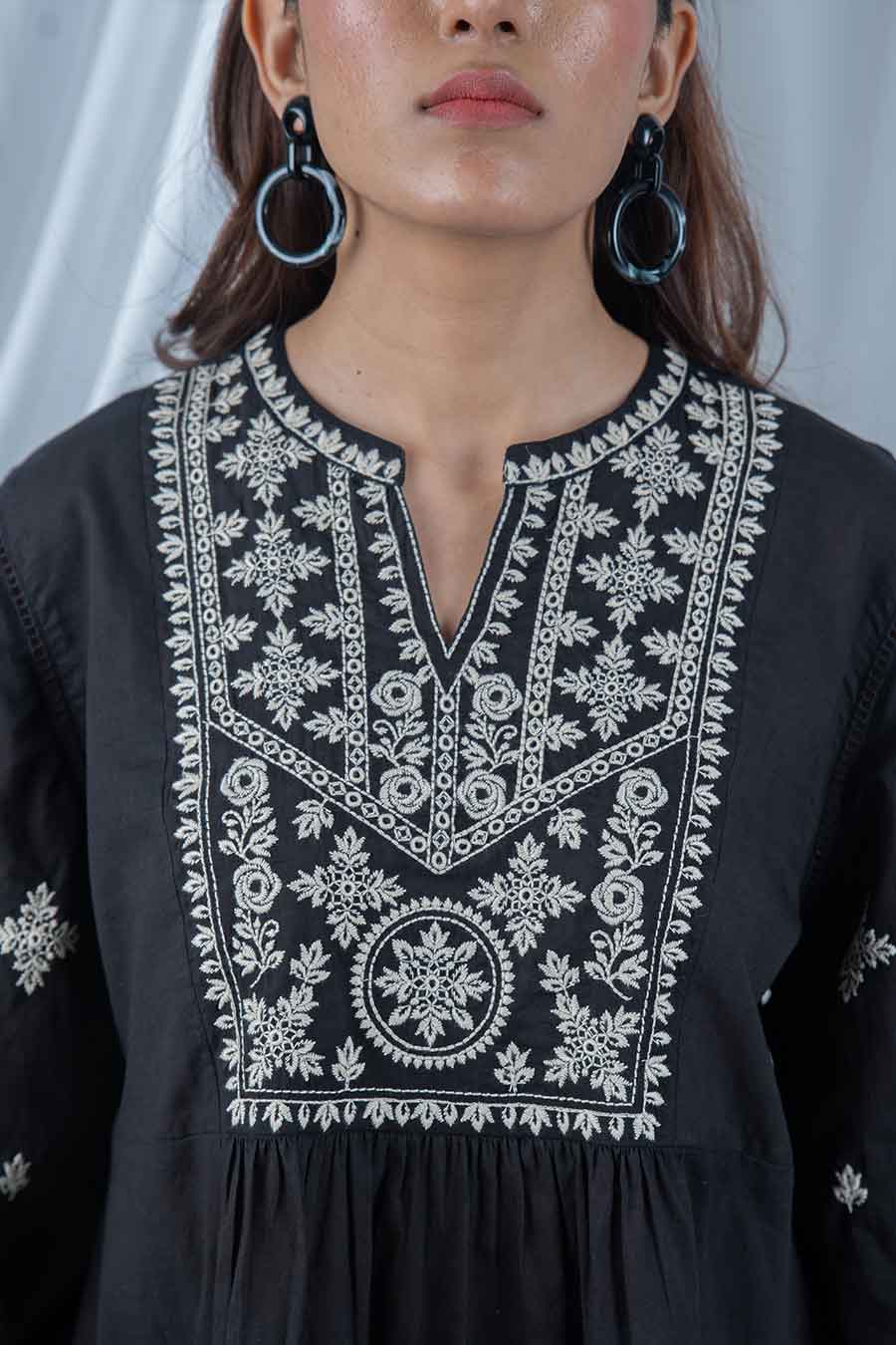 Black Cotton Embroidered Gathered Top