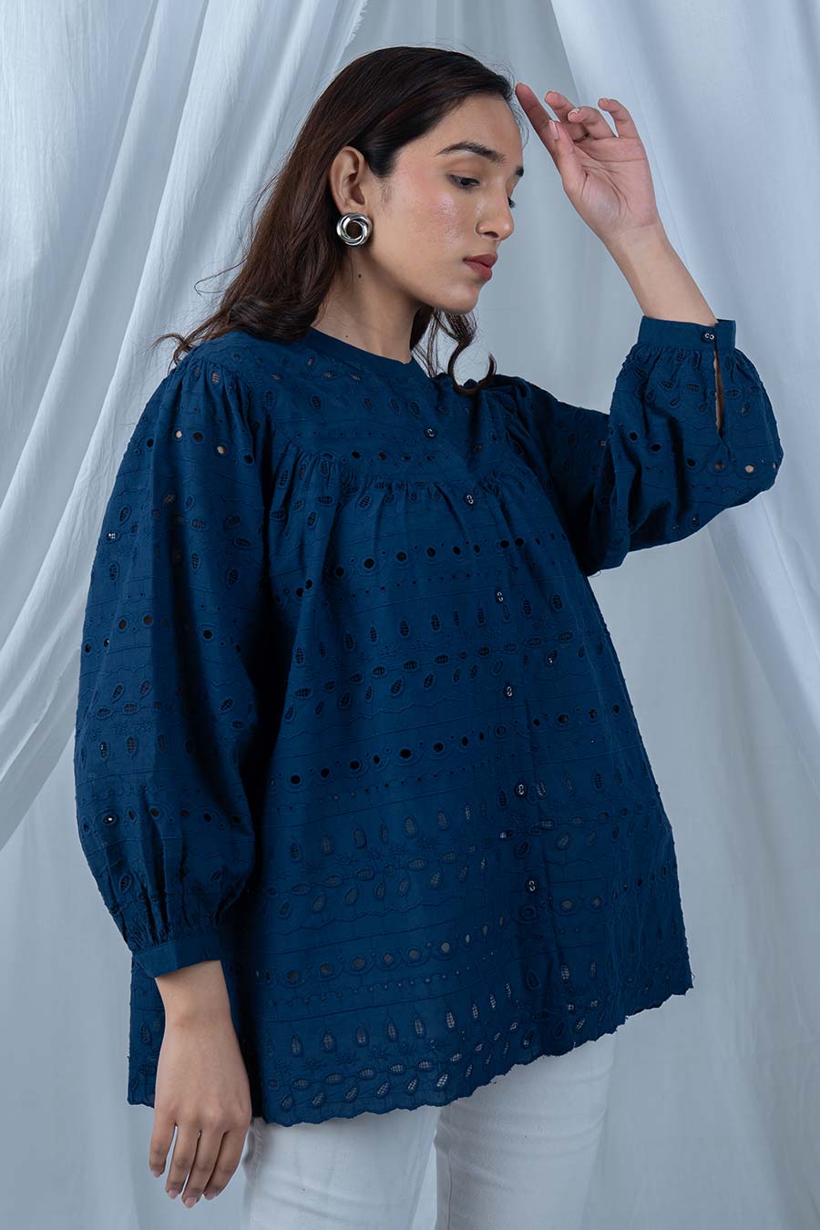 Navy Blue Cotton Embroidered Top