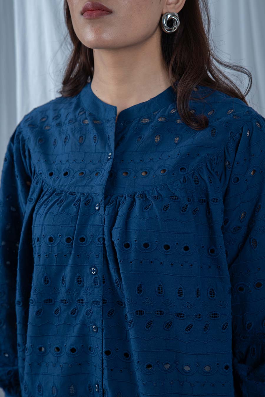 Navy Blue Cotton Embroidered Top