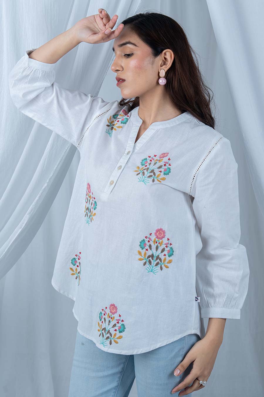 White Cotton Floral Embroidered Top