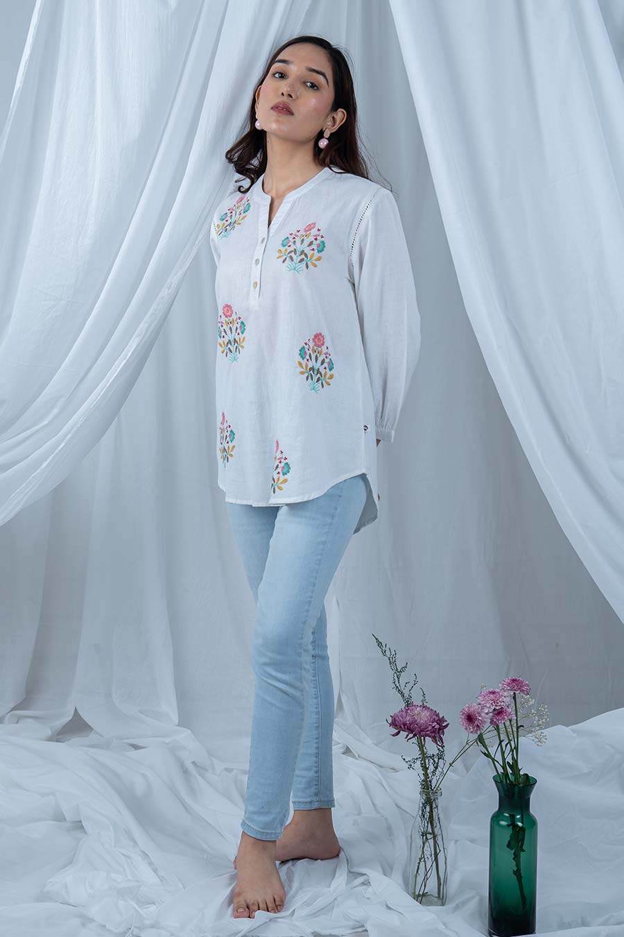 White Cotton Floral Embroidered Top