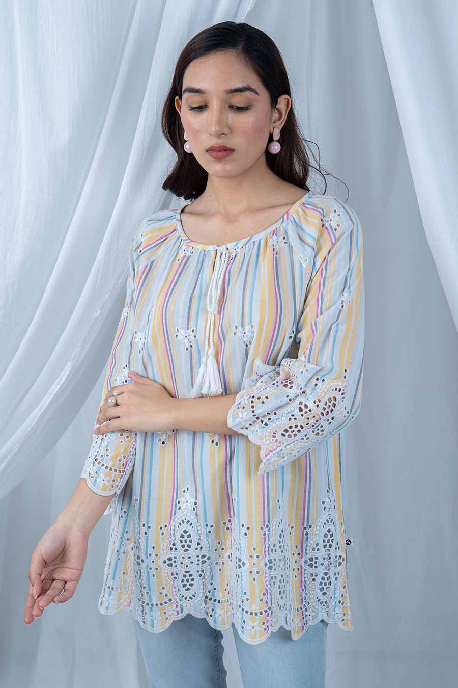 Multicolour Cotton Scalloped Embroidered Top