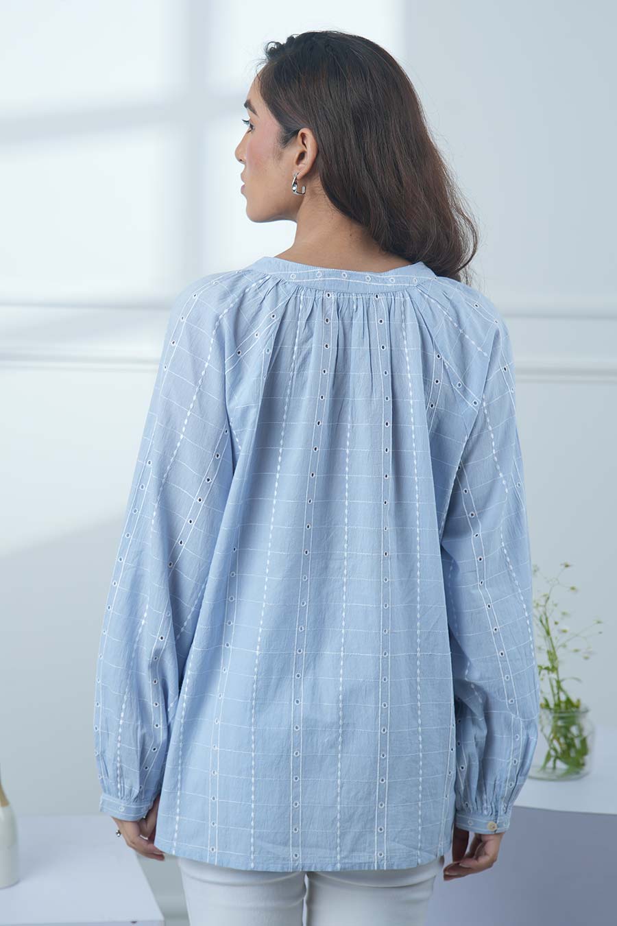 Blue Cotton Embroidered Gathered Neck Top