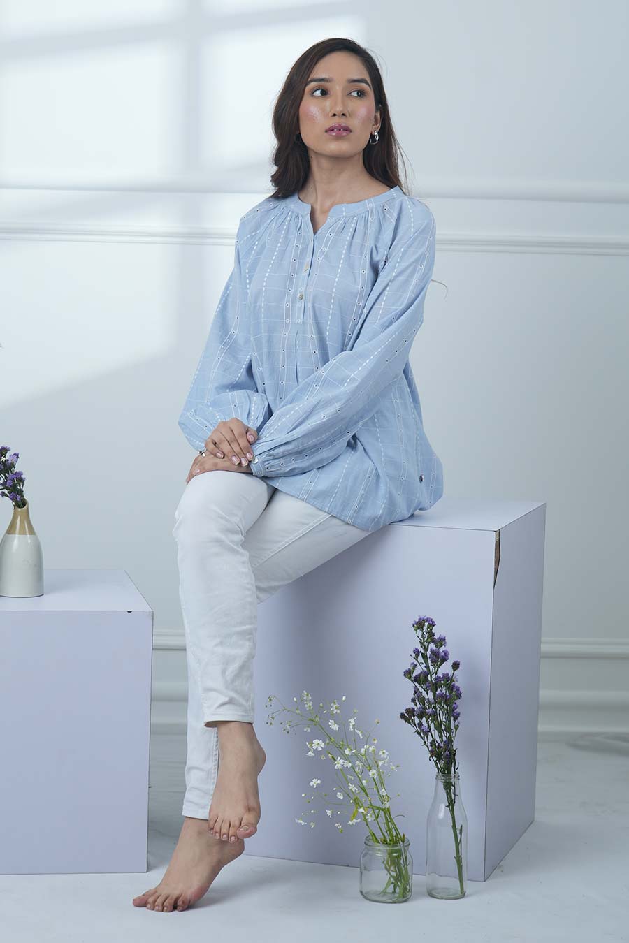 Blue Cotton Embroidered Gathered Neck Top