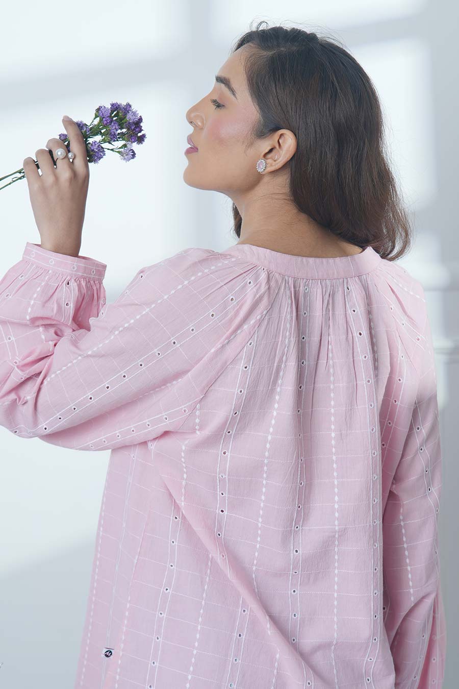 Pink Cotton Embroidered Gathered Neck Top