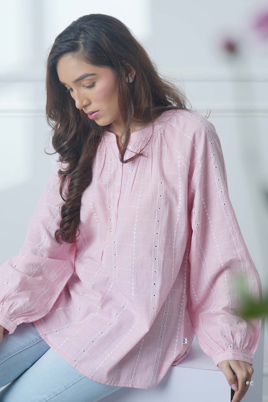 Pink Cotton Embroidered Gathered Neck Top