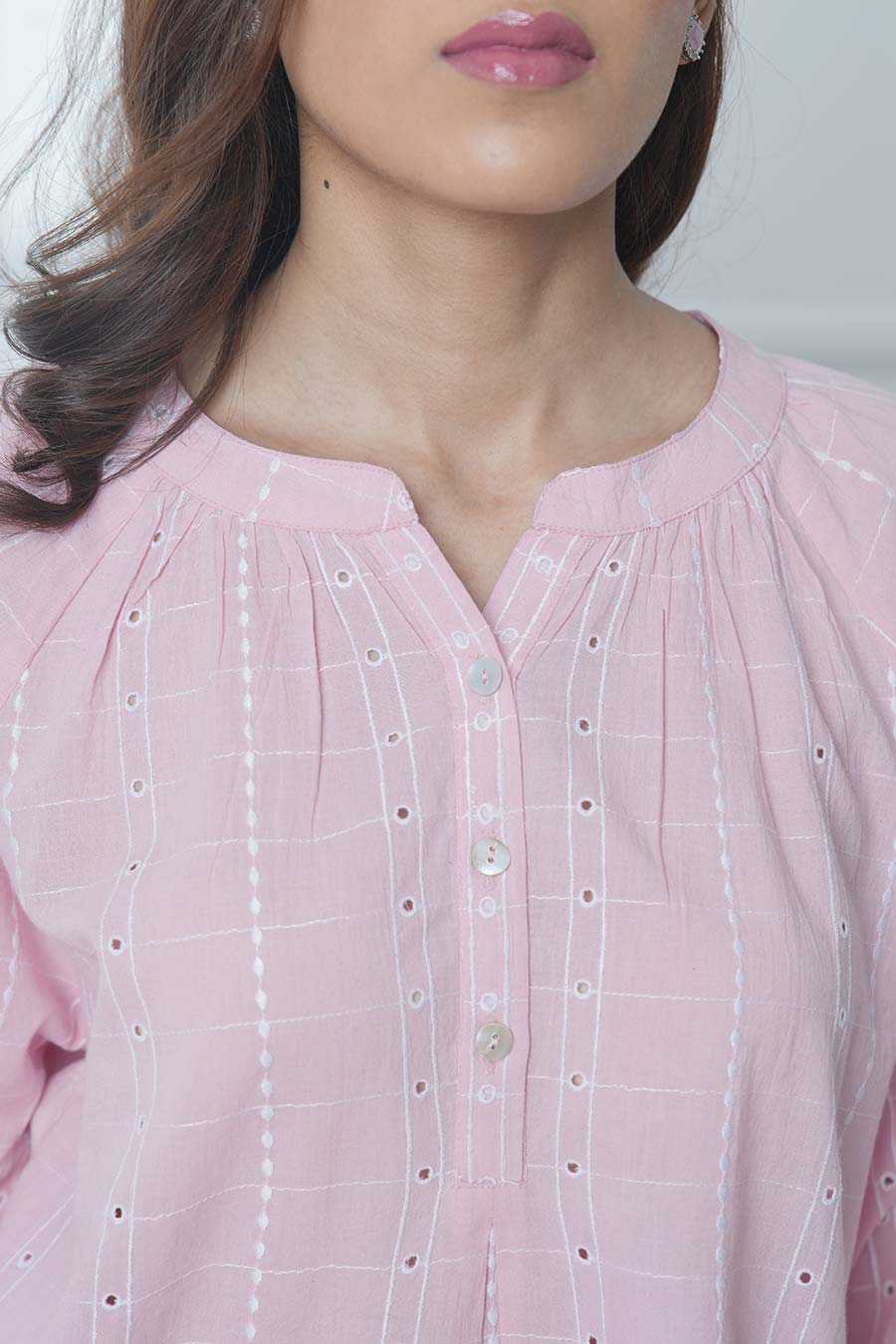 Pink Cotton Embroidered Gathered Neck Top