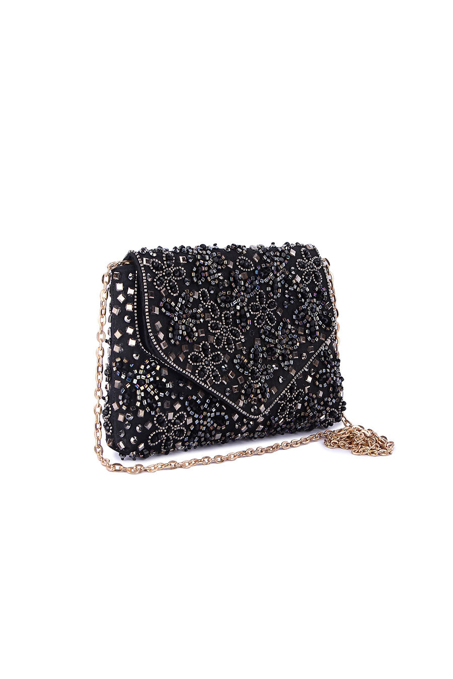 Black Floral Embroidered Clutch