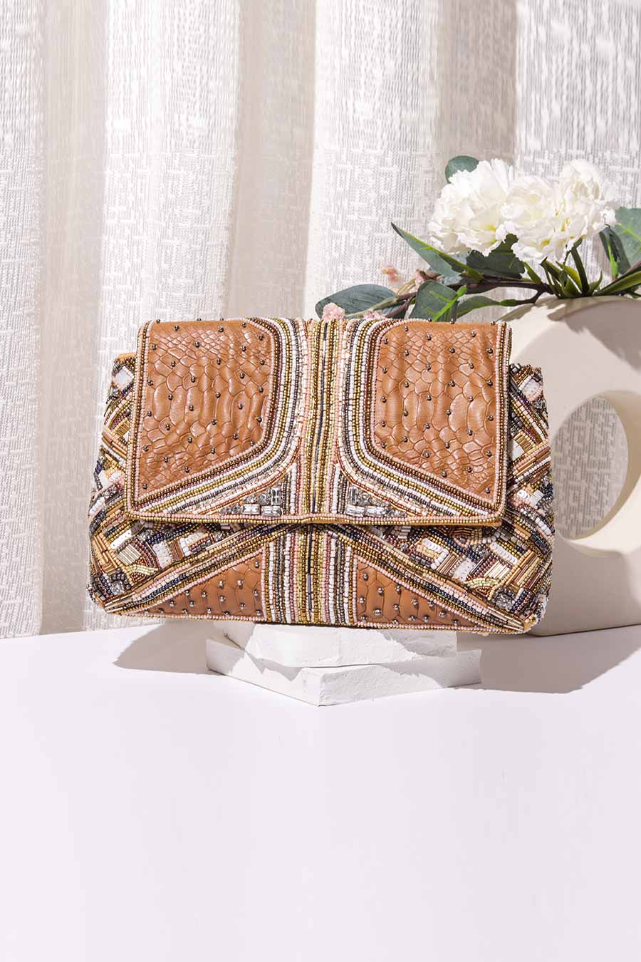 Multicolour Theiya Tan Embroidered Clutch