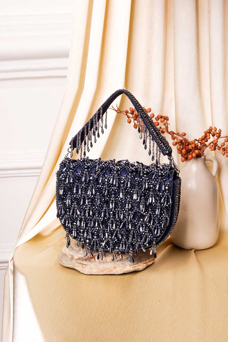 Navy Blue Zingming Hand-Embroidered Clutch