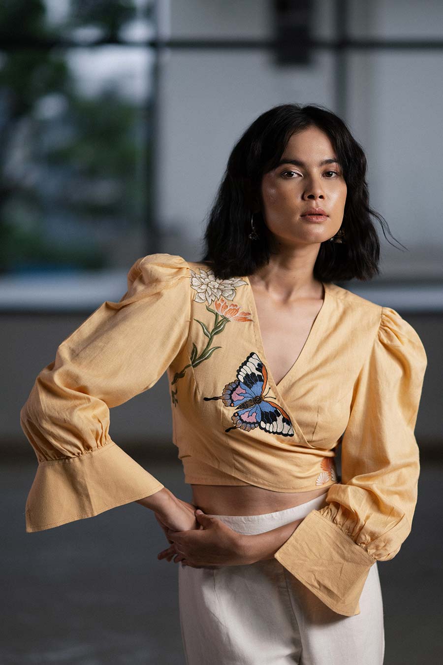 Beige Marigold Embroidered Wrap Top