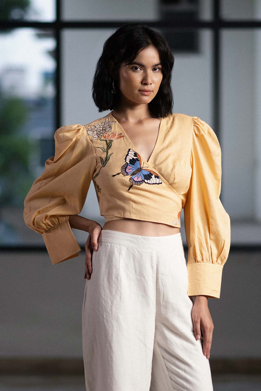 Beige Marigold Embroidered Wrap Top