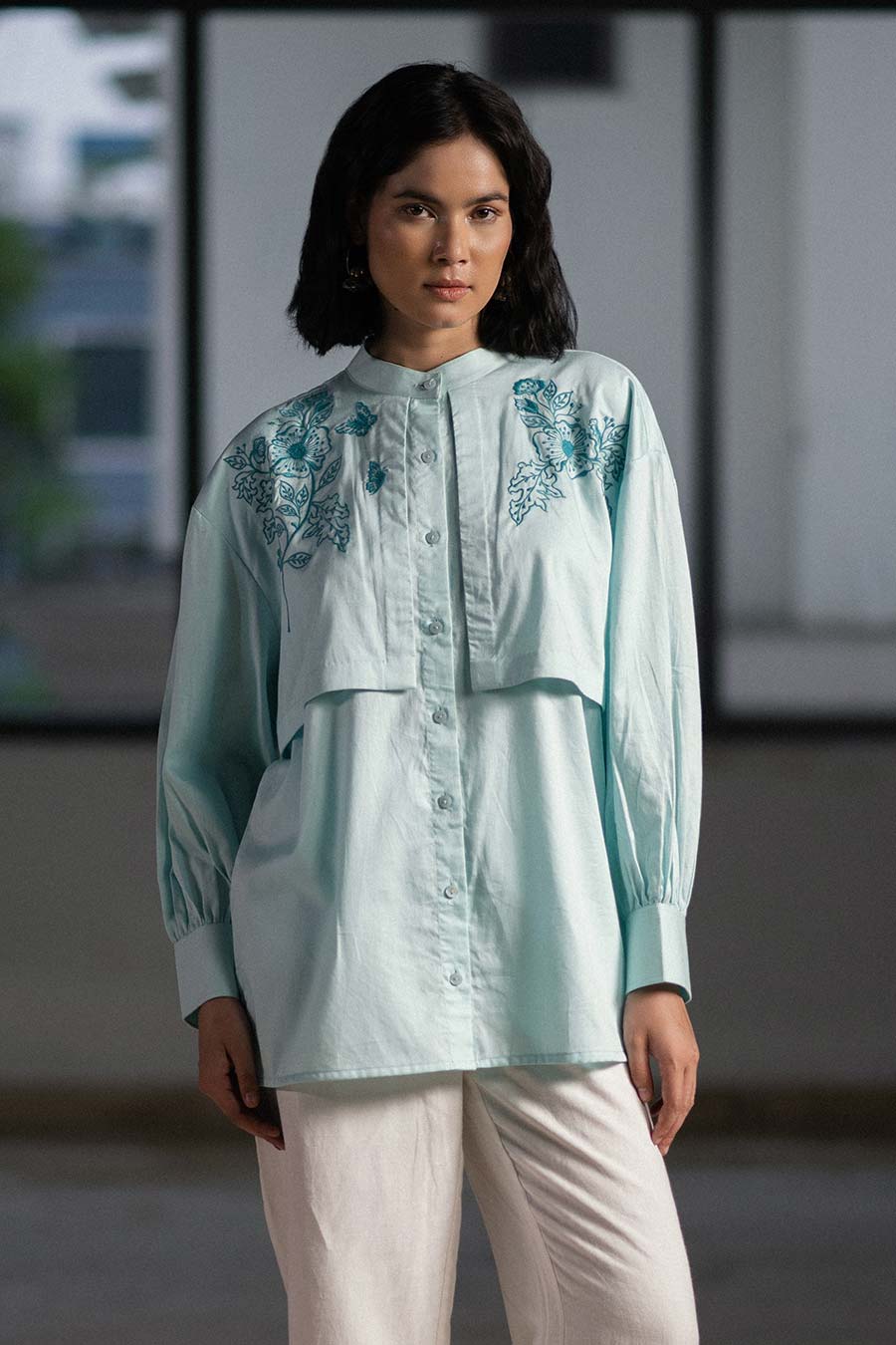 Blue Winged Embroidered Panel Shirt