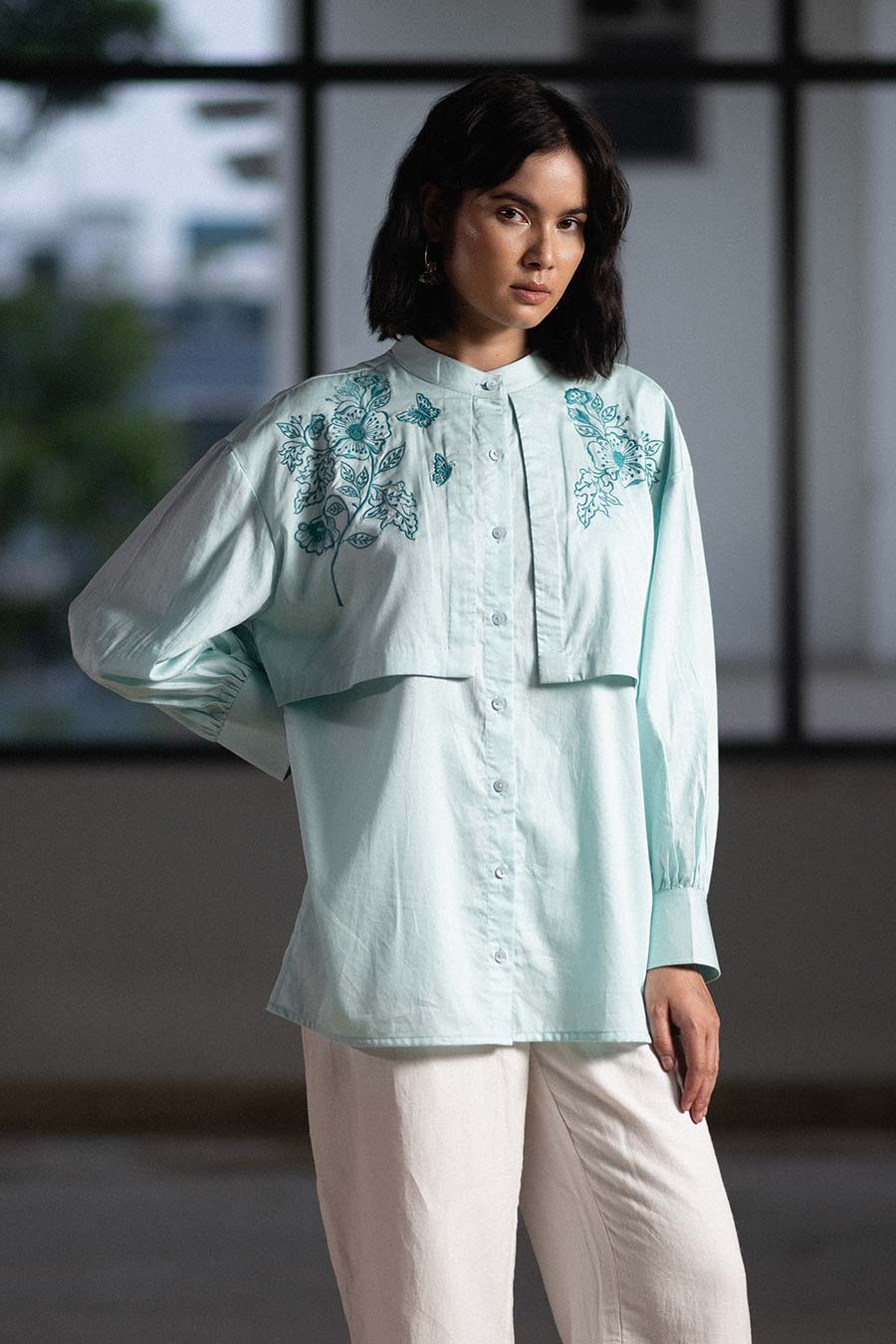 Blue Winged Embroidered Panel Shirt