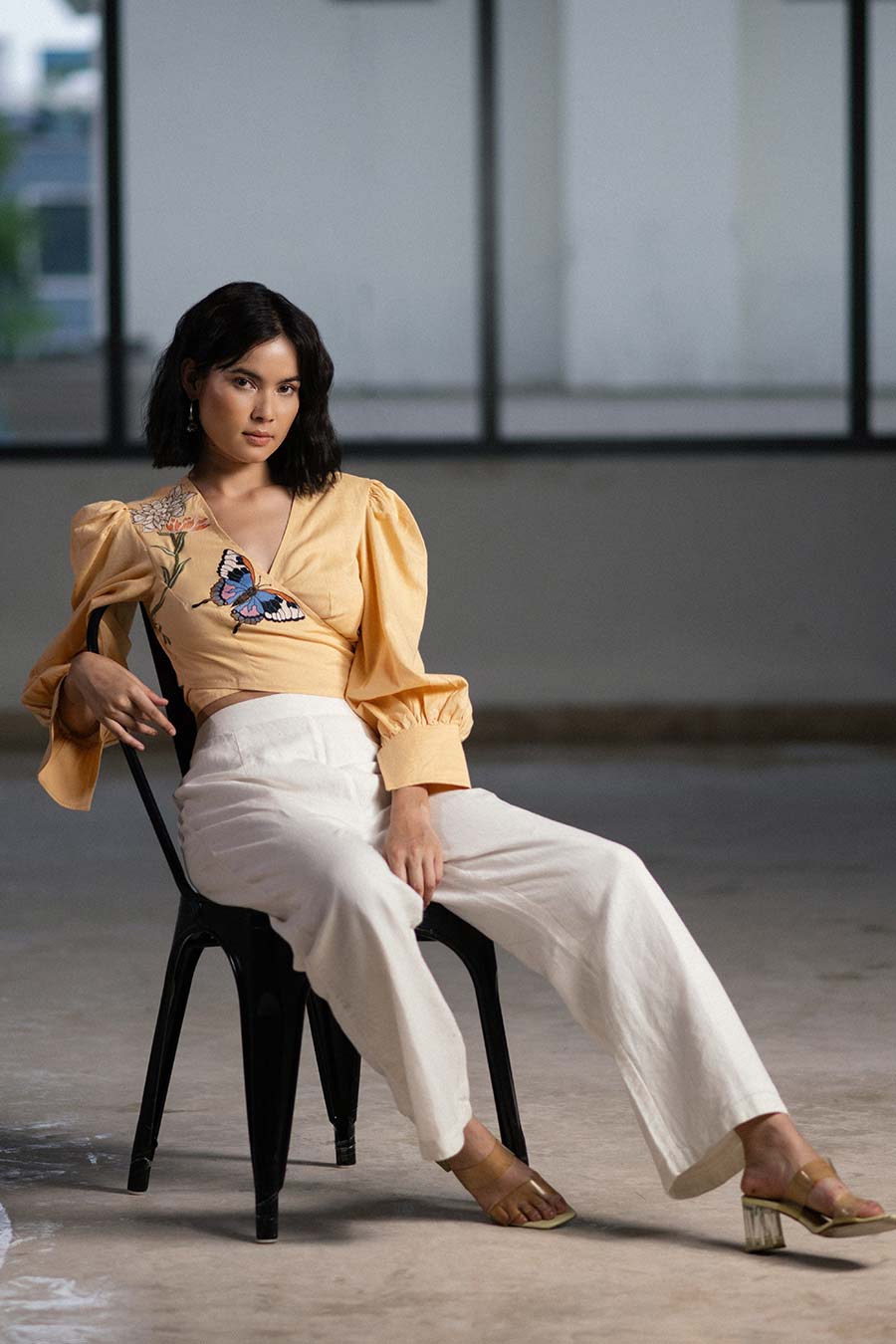 Beige Marigold Embroidered Wrap Top