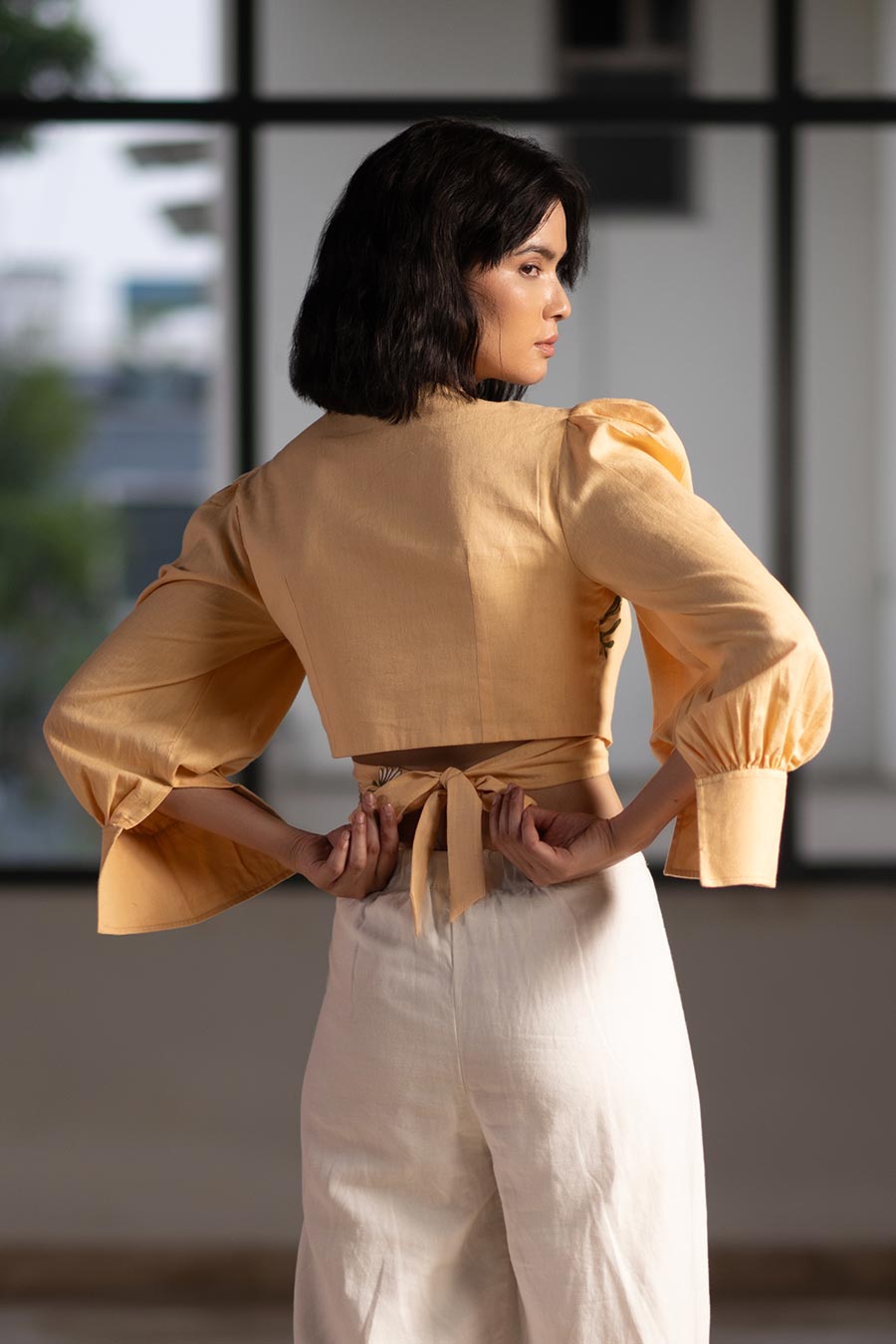 Beige Marigold Embroidered Wrap Top