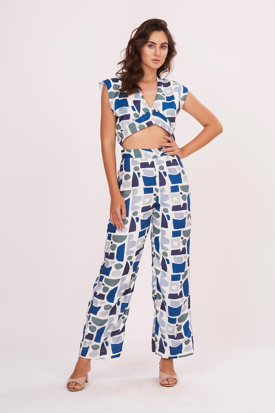 Blue Printed Crop Top & Pant Co-Ord Set