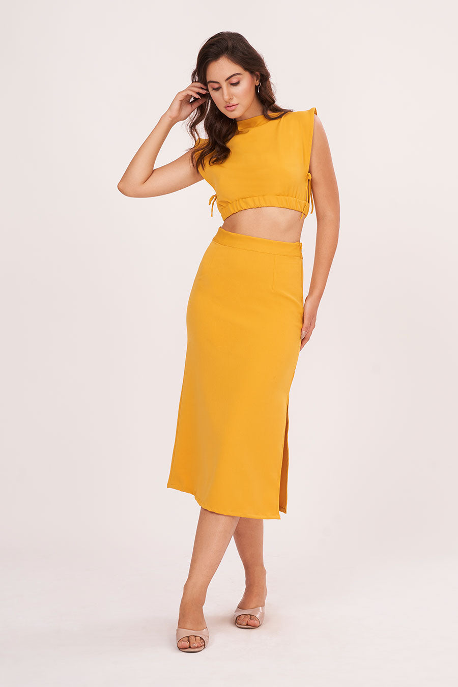 Yellow Ruched Top & Skirt Co-Ord Set