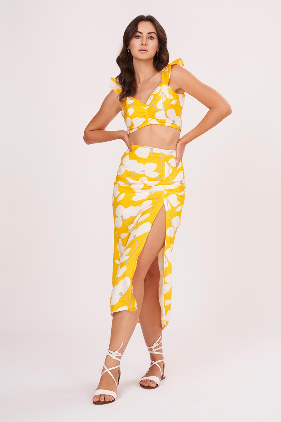 Yellow Printed Ruffle Top & Skirt Co-Ord Set