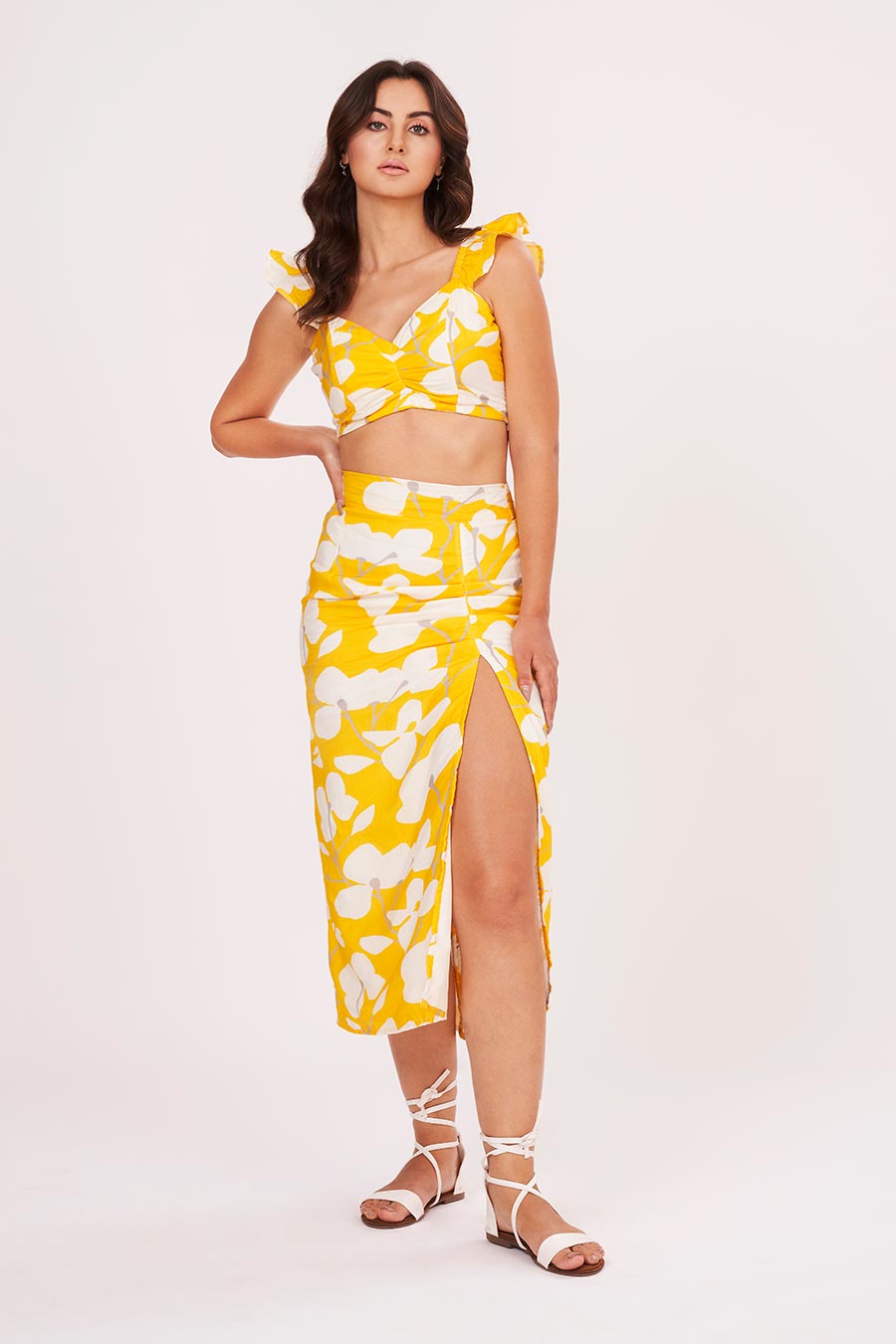 Yellow Printed Ruffle Top & Skirt Co-Ord Set