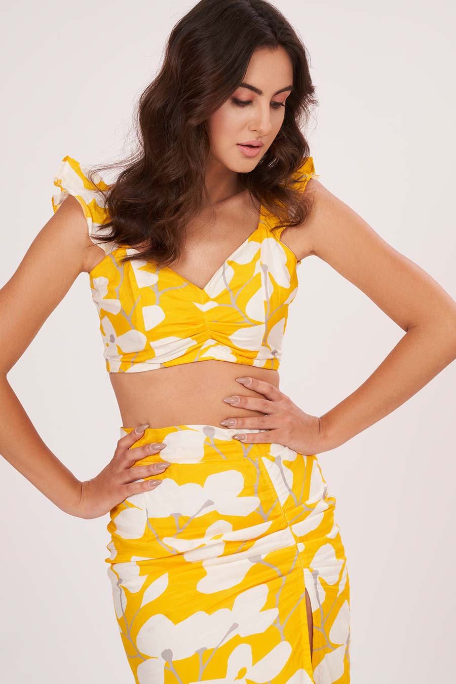 Yellow Printed Ruffle Top & Skirt Co-Ord Set