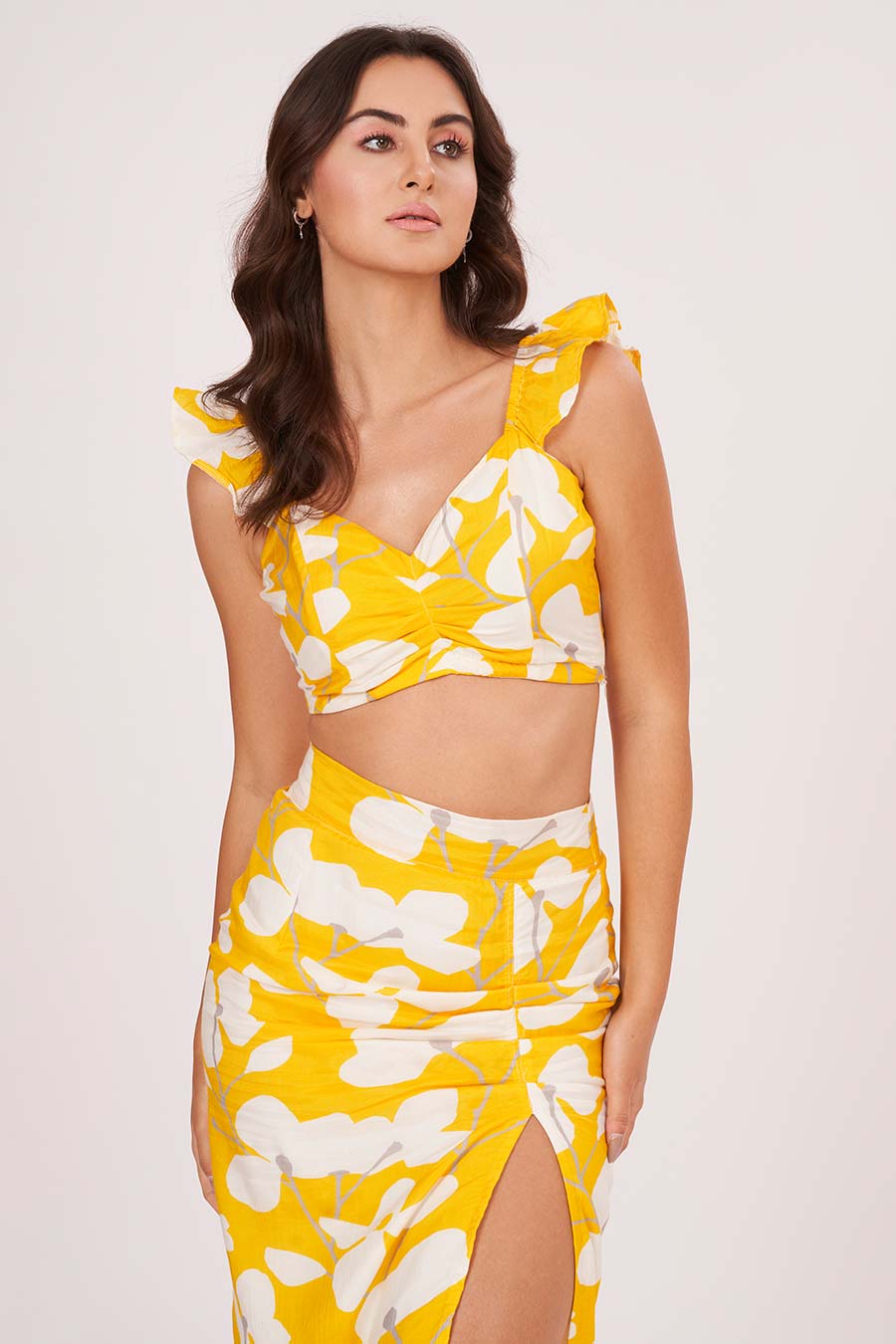Yellow Printed Ruffle Top & Skirt Co-Ord Set