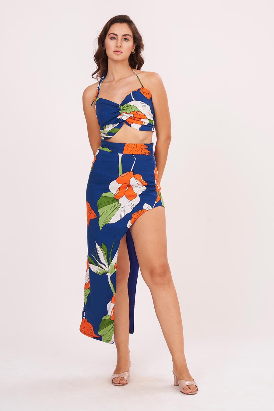 Blue Printed Halter Neck Top & Skirt Set