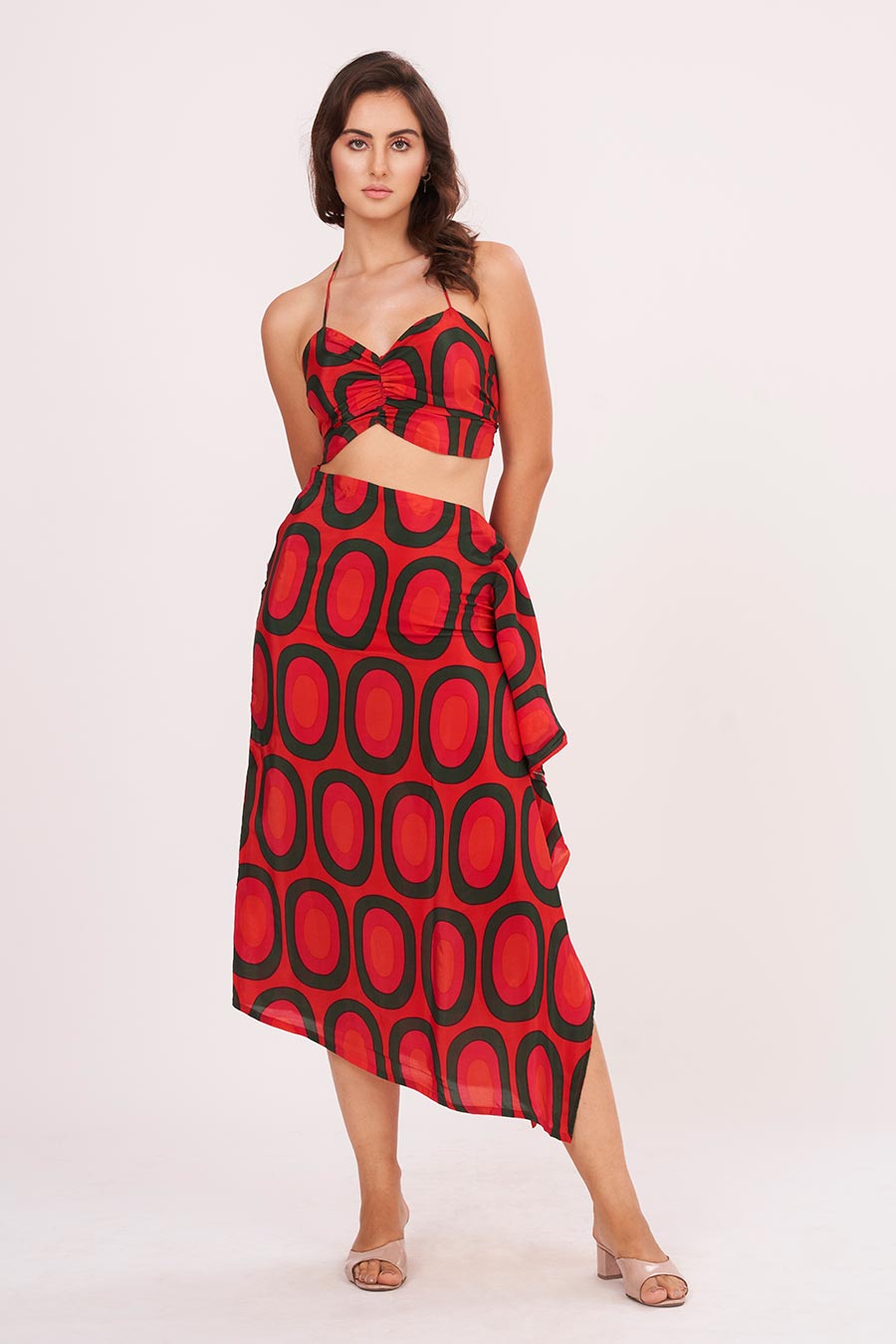 Red Printed Halter Neck Top & Skirt Set