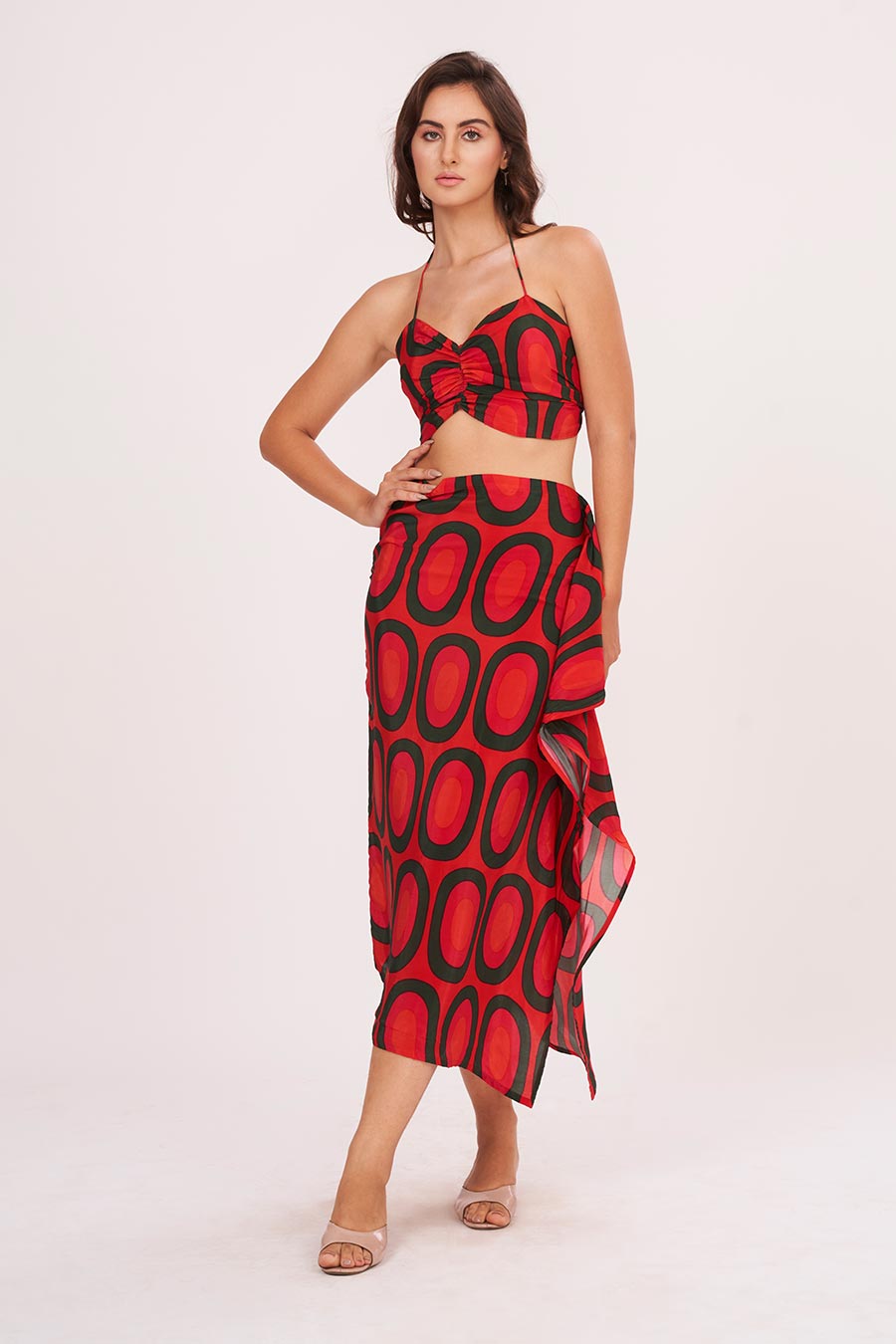 Red Printed Halter Neck Top & Skirt Set