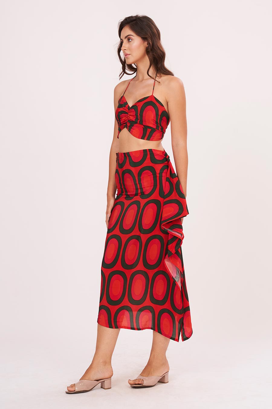 Red Printed Halter Neck Top & Skirt Set