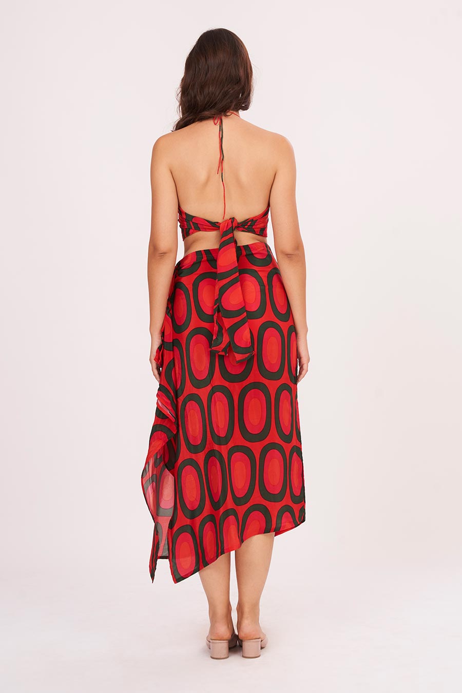 Red Printed Halter Neck Top & Skirt Set
