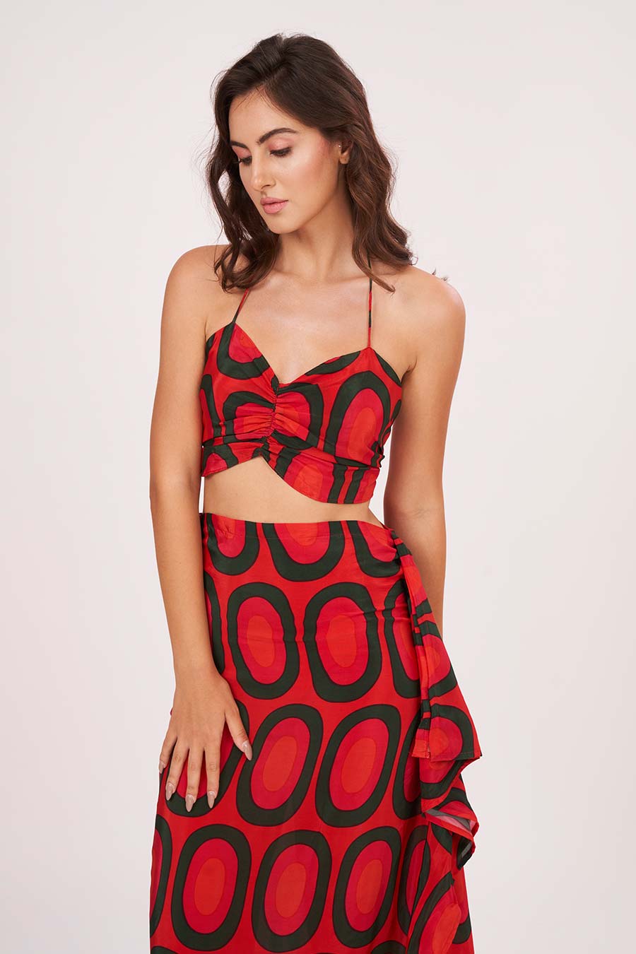 Red Printed Halter Neck Top & Skirt Set