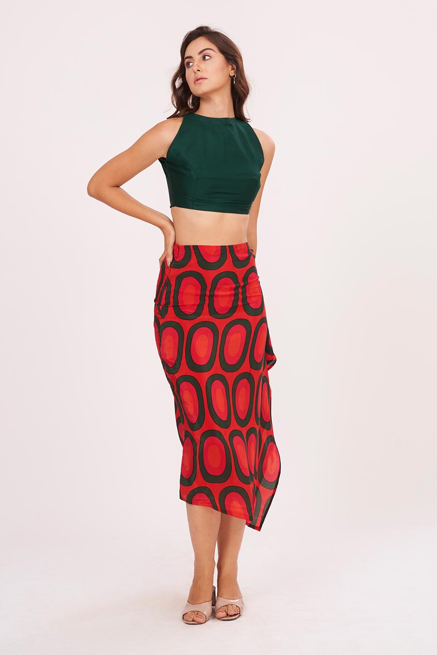 Green Halter Neck Top With Printed Skirt Set