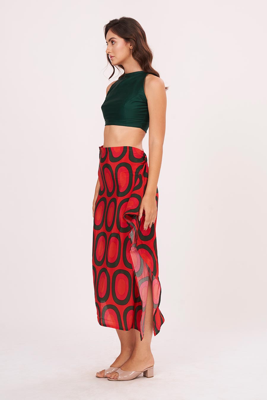 Green Halter Neck Top With Printed Skirt Set