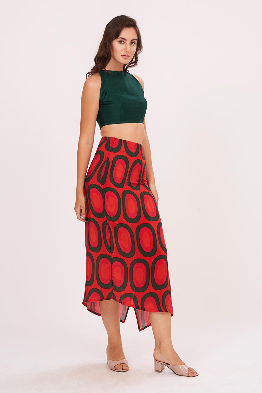Green Halter Neck Top With Printed Skirt Set