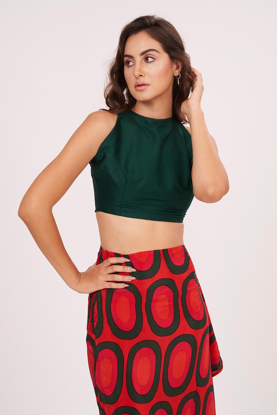 Green Halter Neck Top With Printed Skirt Set