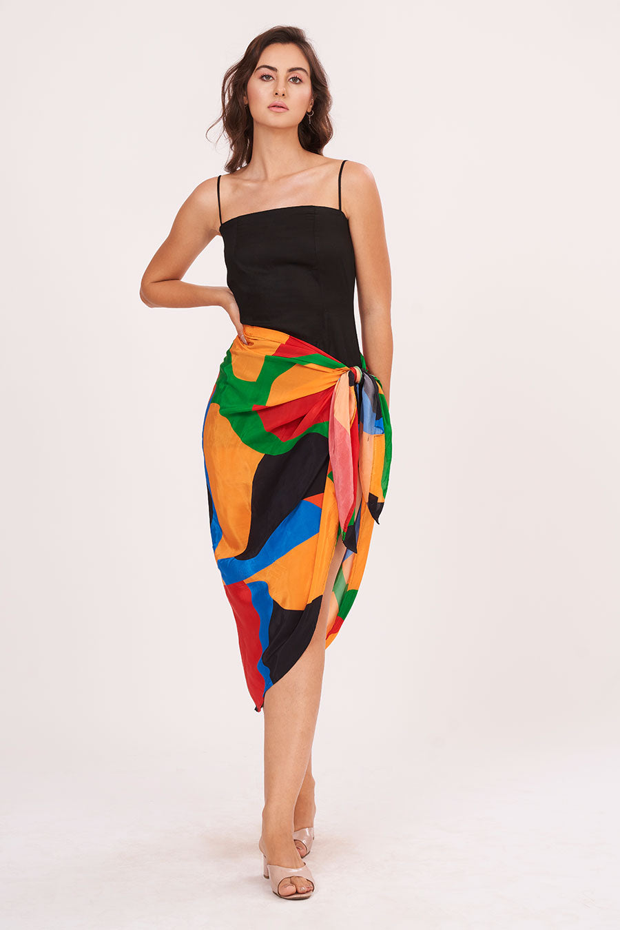 Black Strappy Dress With Printed Skirt Set