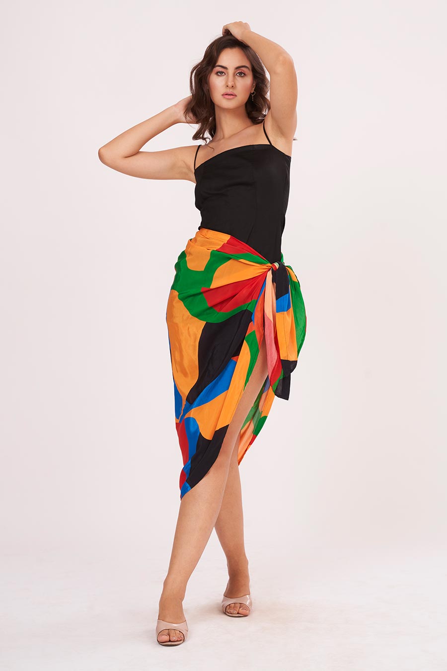 Black Strappy Dress With Printed Skirt Set