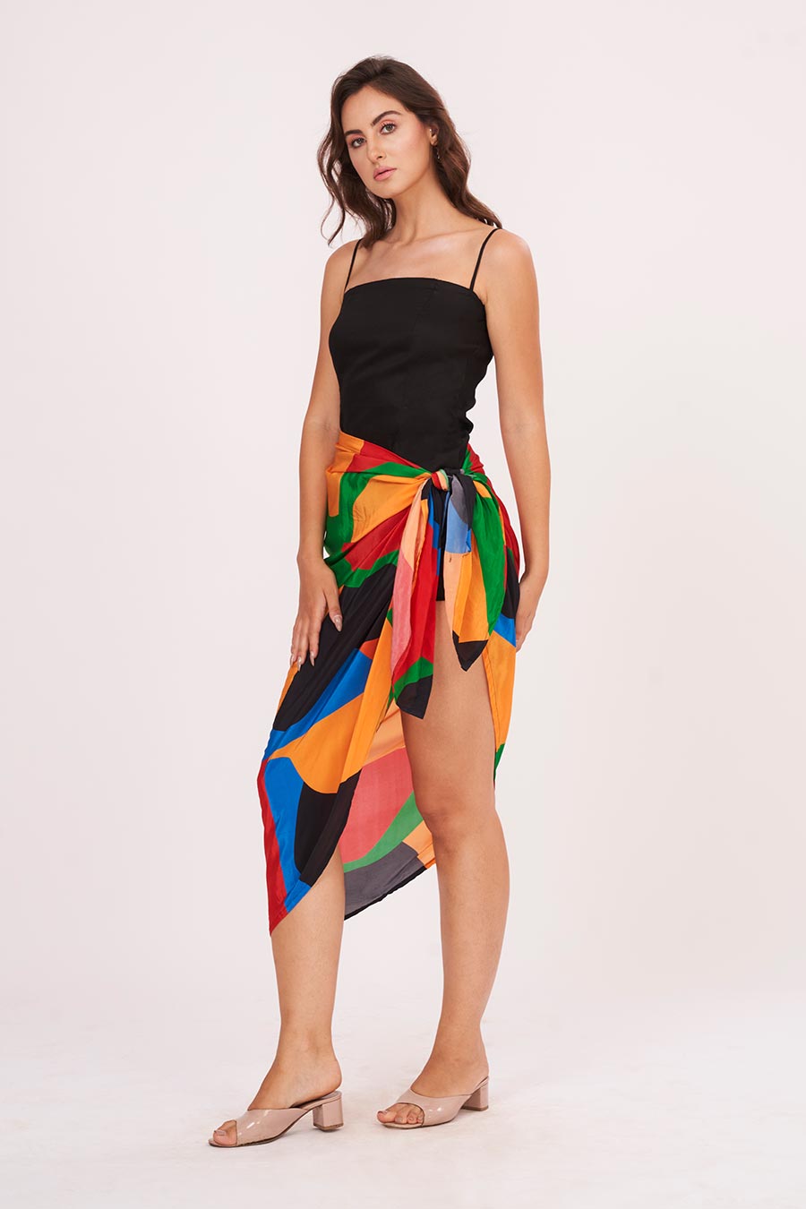 Black Strappy Dress With Printed Skirt Set