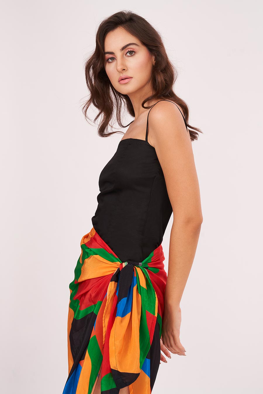 Black Strappy Dress With Printed Skirt Set