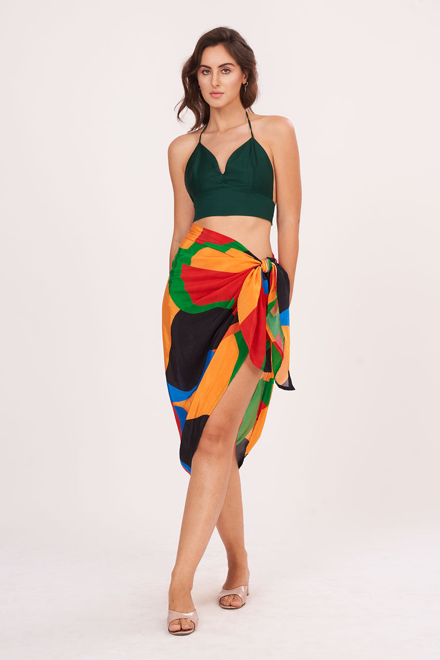Green Halter Neck Top With Printed Skirt Set