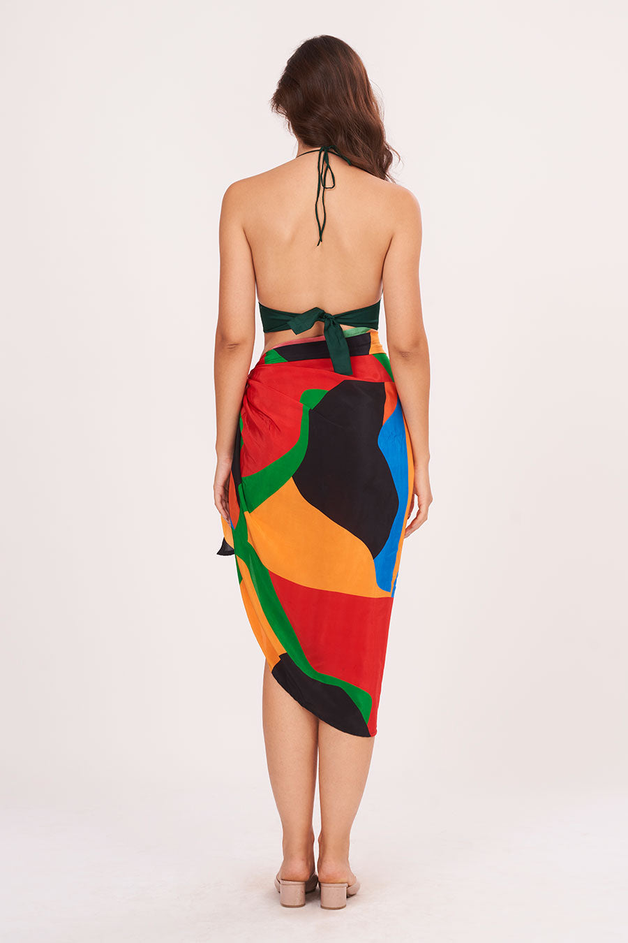 Green Halter Neck Top With Printed Skirt Set