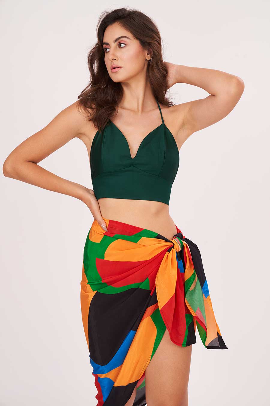 Green Halter Neck Top With Printed Skirt Set