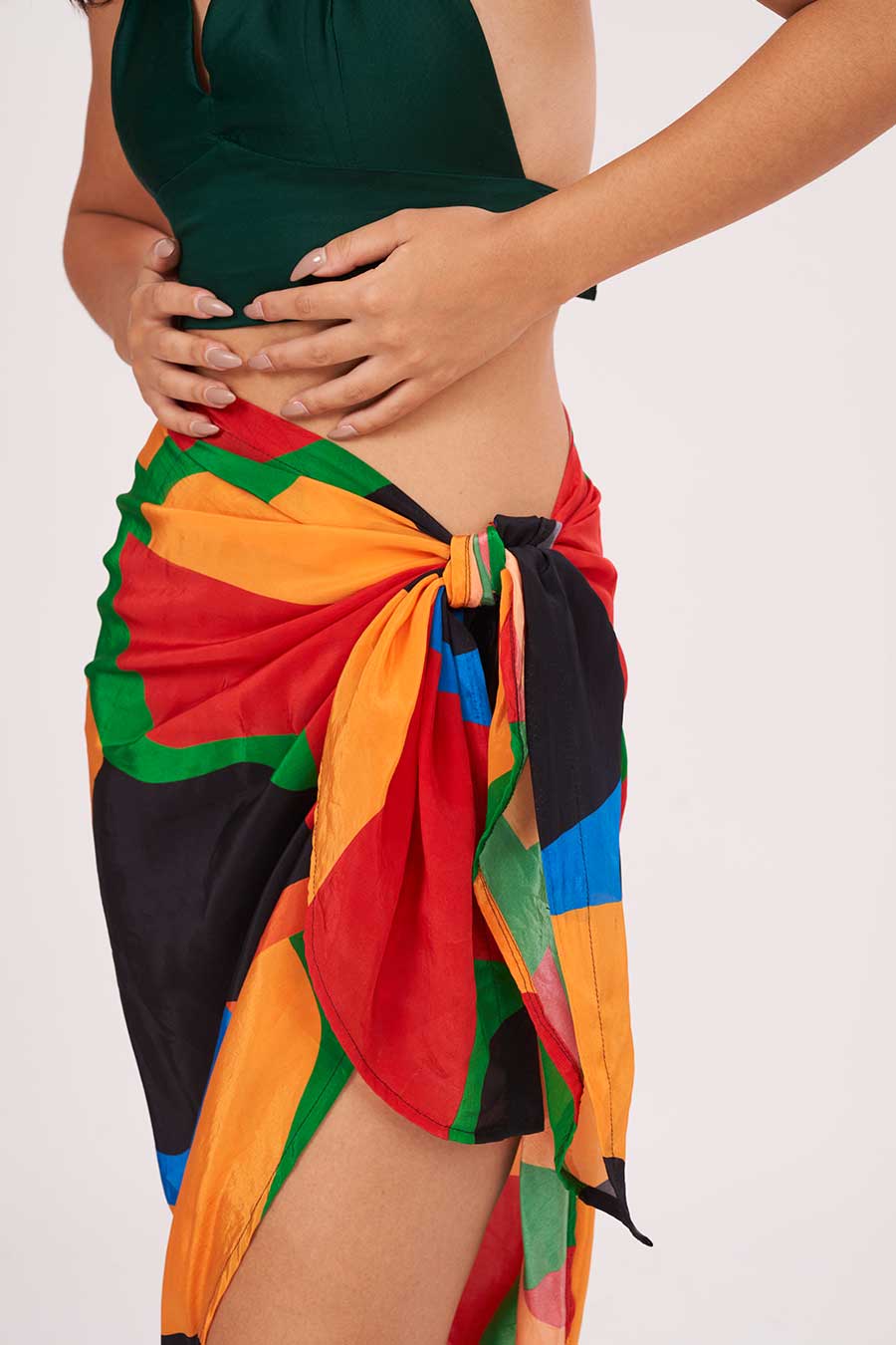 Green Halter Neck Top With Printed Skirt Set