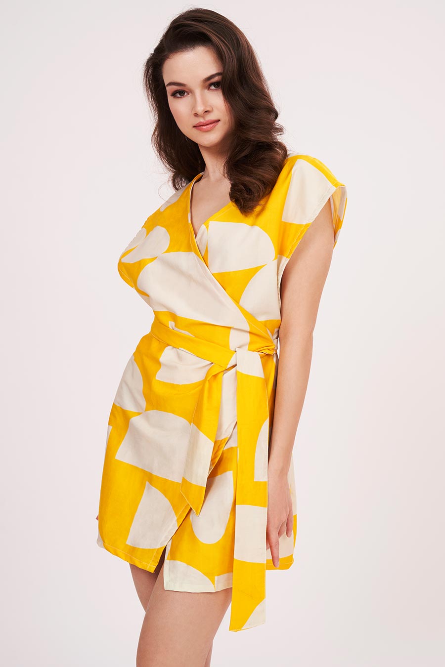 Yellow Printed Wrap Short Dress