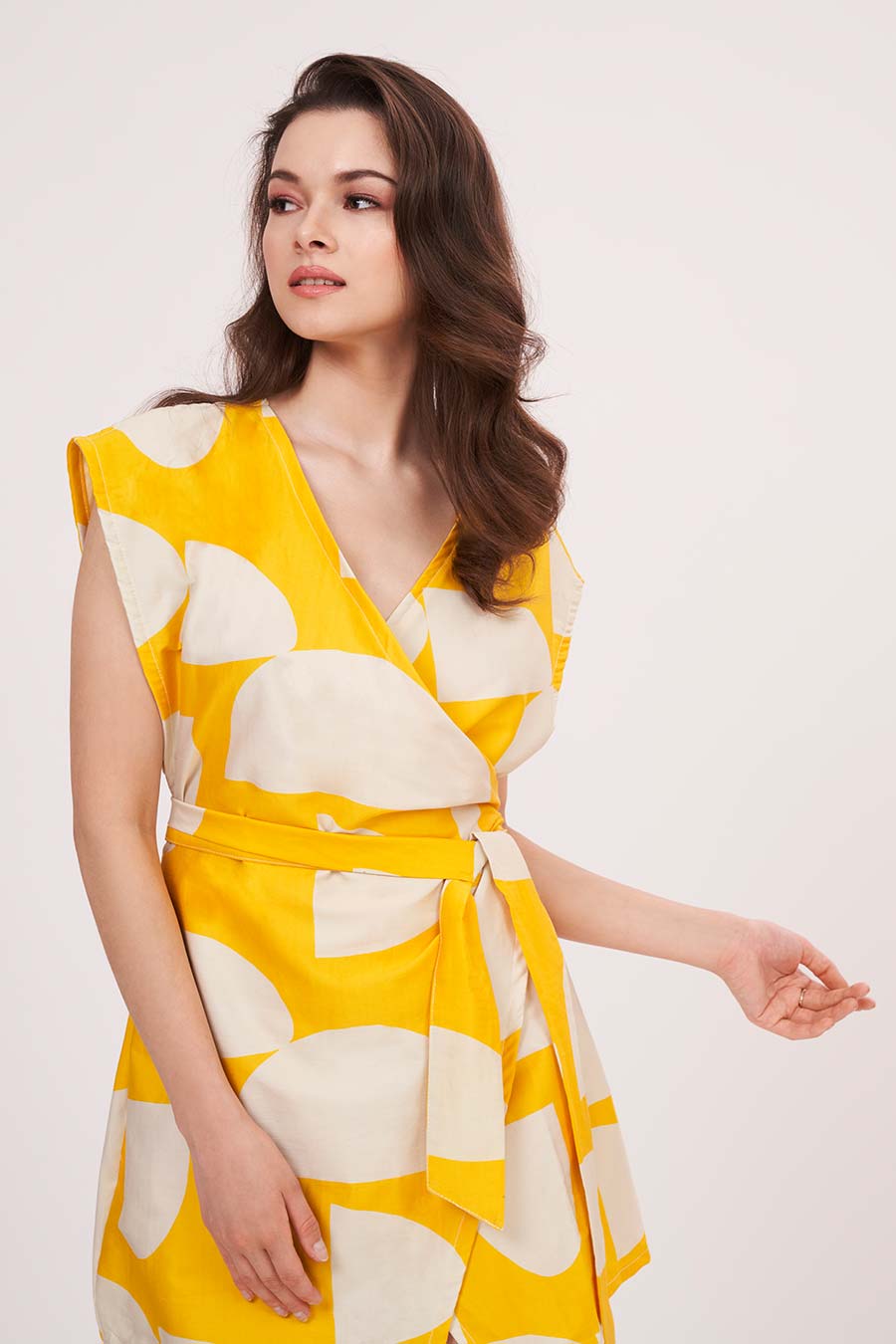 Yellow Printed Wrap Short Dress
